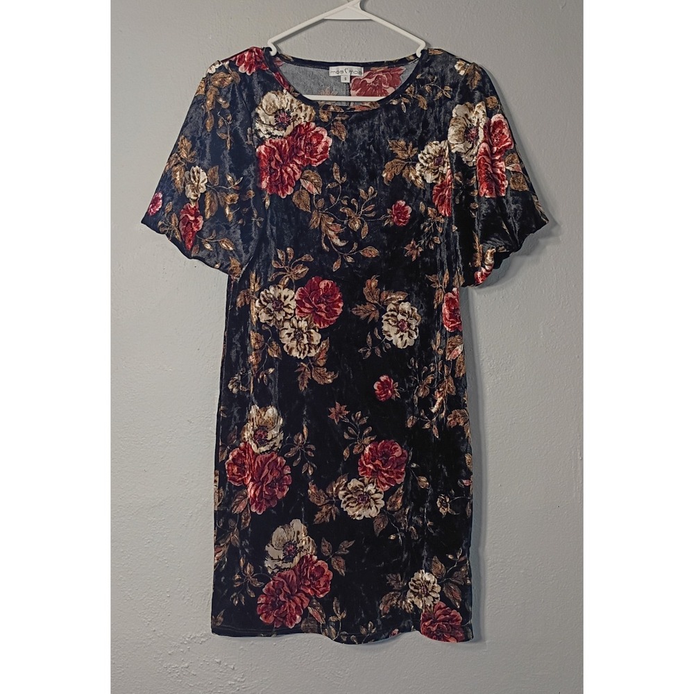 MOA MOA Woman's Floral Velvet Dress Black Sz Small Y2K Midi Dress Puff Sleeves